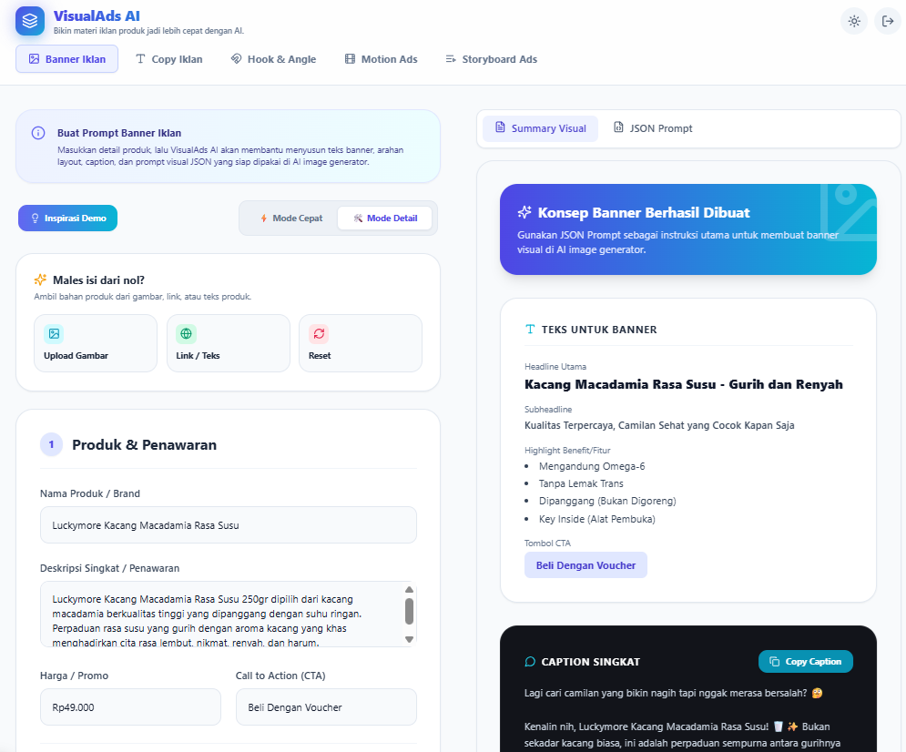 Preview tampilan aplikasi VisualAds AI